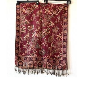 Burgundy Red & Gold Paisley Shawl Wrap Neck warmer Tassels 66”x27” Reversible